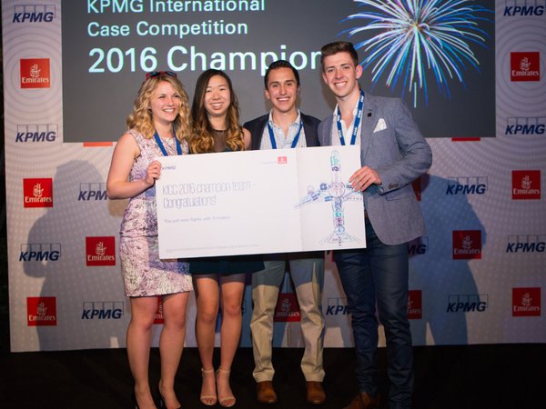Comm’18 students Alexis Frey, Abigail Chau, Nicolas Bernal, and Stephane Gosselin, winners of this year’s KPMG International Case Competition. Photo courtesy of KPMG.